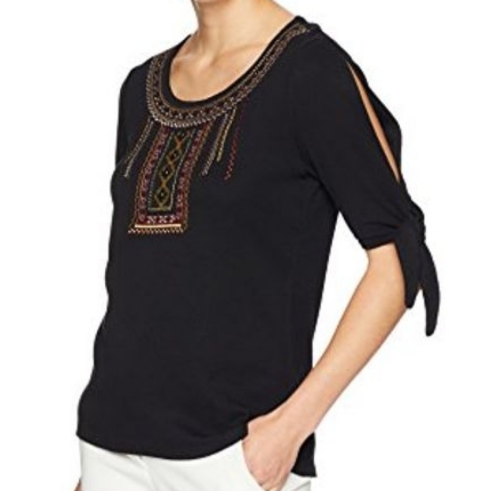 * Rafaella Embroidered Collar Tie Sleeve Top Black
